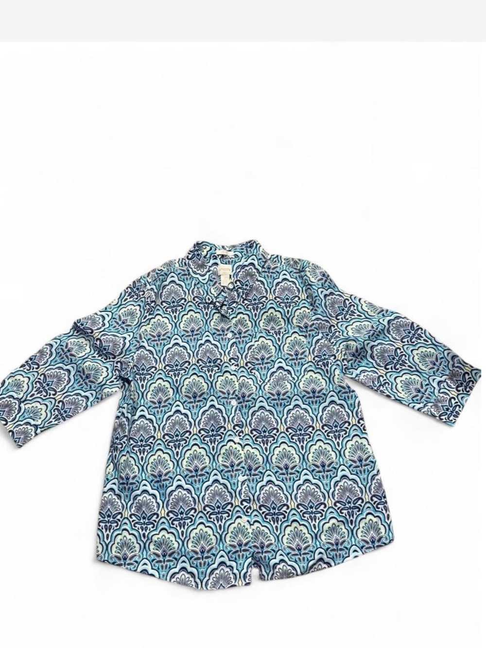 Chico’s Blue Patterned Collared Linen Button Up Top - Picture 2 of 4